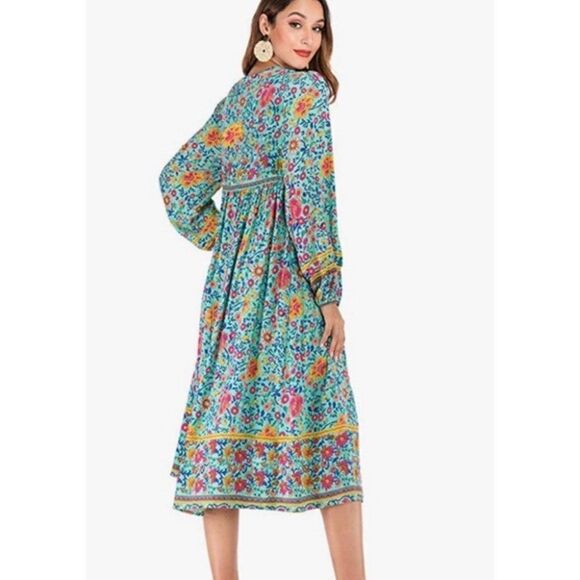 NWT R. Vivimos Boho Tie Front Tassel Balloon Sleeve Ankle Dress Size S - Picture 4 of 13